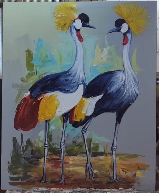Grey Crowned Cranes Vivid Majesty Abstract Background