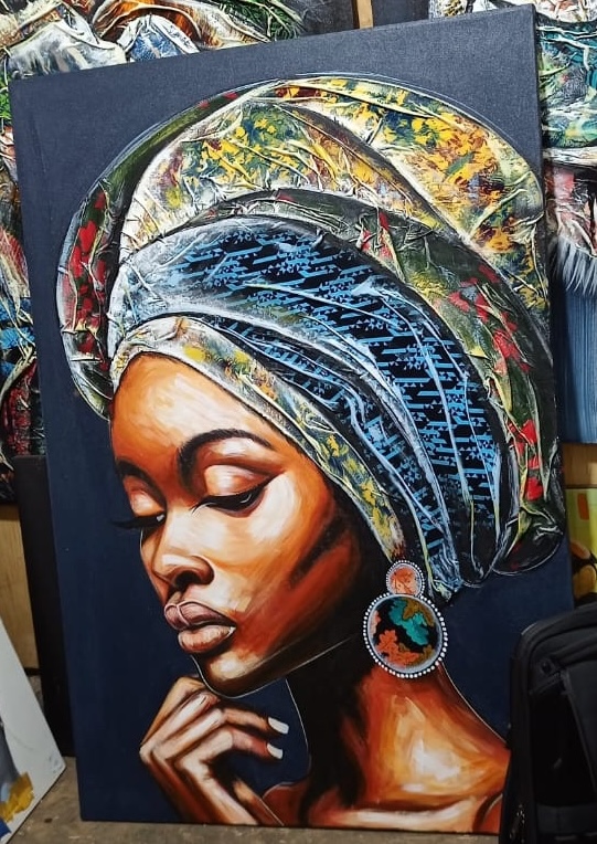 Woman in Headscarf Abstract Patterns Vivid Colors